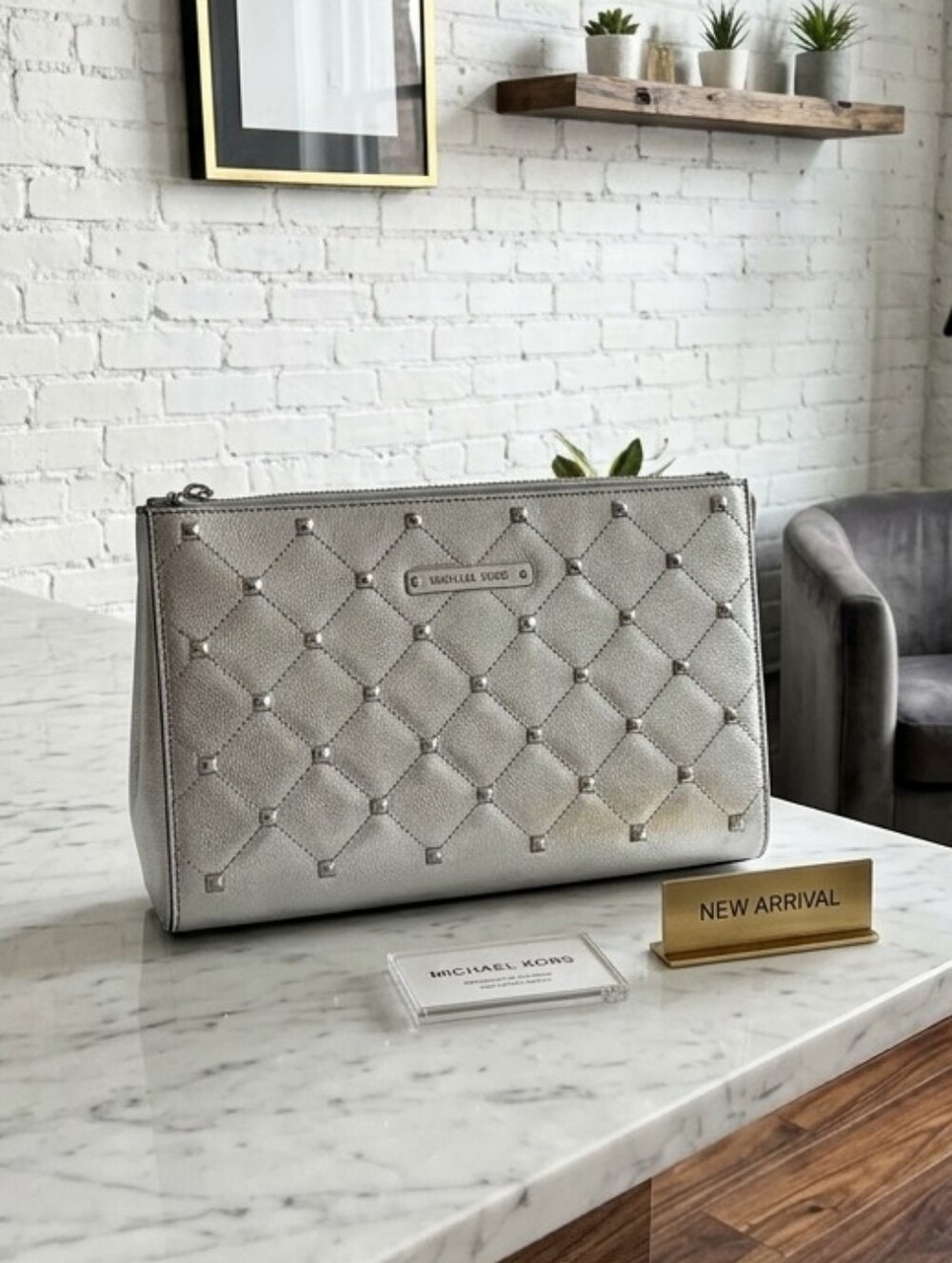 Michael Kors Silver Quilted Metallic Zip Pouch